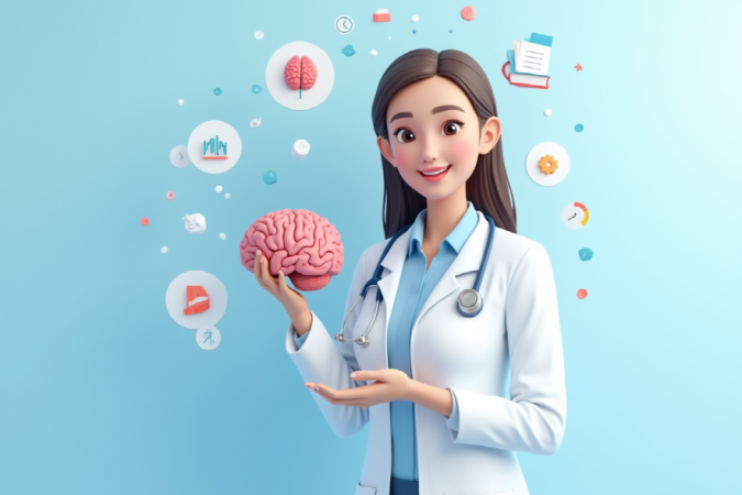 a_female_expert_in_a_white_lab_coat_smiling_while_holding_a_brain_model_standing_in_front_of_a_clea_i0jp2f2lfvkiq0i8v9oa_1