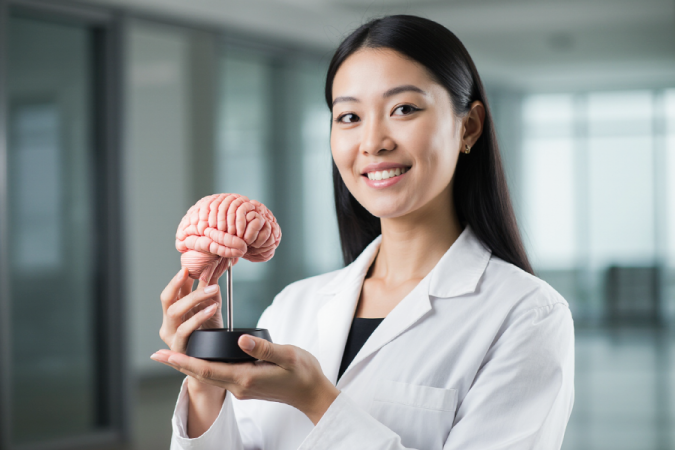 a_female_expert_in_a_white_lab_coat_smiling_while_holding_a_brain_model_standing_in_front_of_a_clea_01e447f3-6d9a-4f63-80d5-bd0446c0d8c8